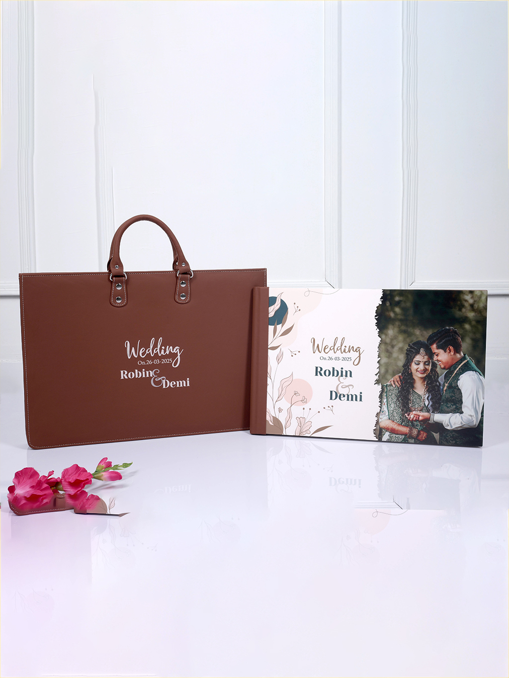 Printed cover with the leather bag
